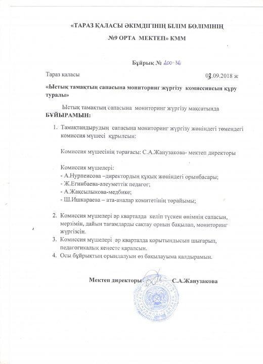 Ыстық тамақтың сапасына мониторинг жүргізуге комиссия мүшесін құру туралы бұйрық