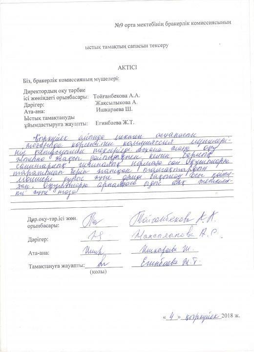 № 9 орта мектебінің бракерлік комиссиясының ыстық тамақтың сапасын тексеру туралы актісі қыркүйек айы