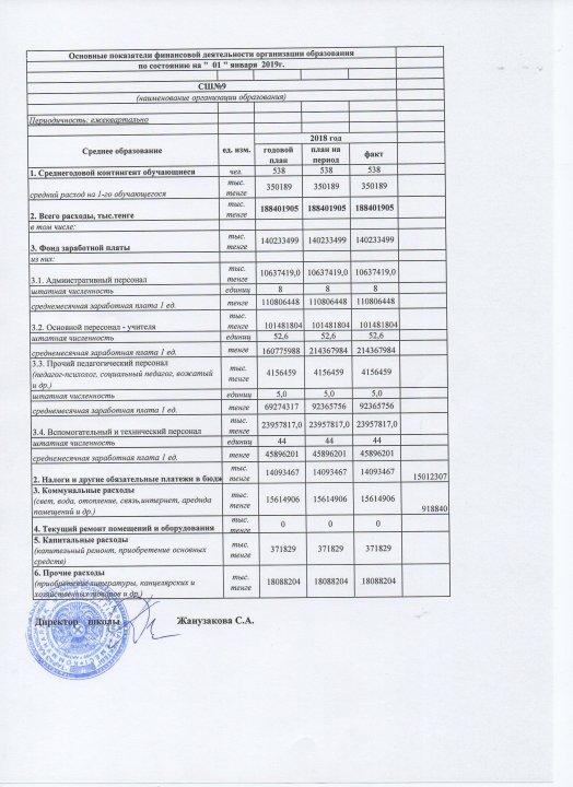 основные показатели финансовой деятельности организации образования по состоянию на 01.01.2019 г.