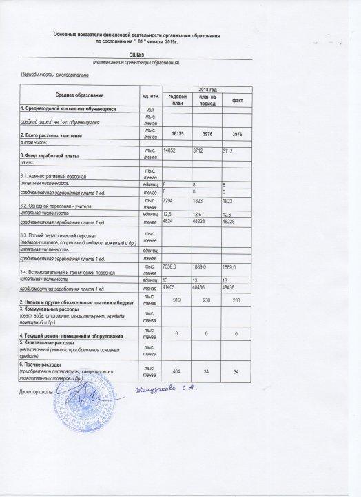 основные показатели финансовой деятельности организации образования по состоянию на 01.01.2019 г.