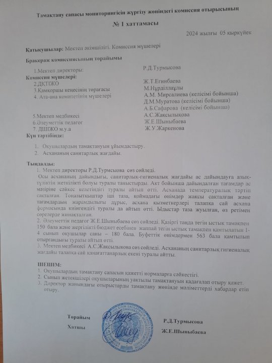 Тамақтану сапасын мониторигісін жүргізу жөніндегі комиссия отырысының №1 хаттамасы