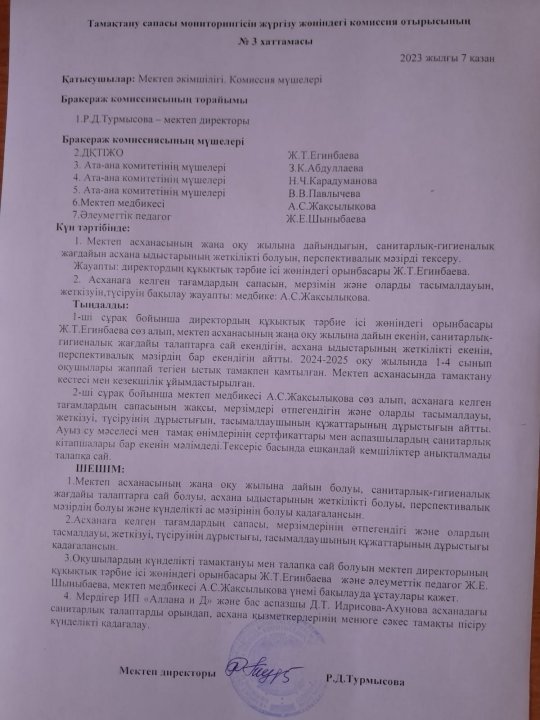 Тмақтану сапасы мониторингісін жүргізу жөніндегі комиссия отырысының №3 хаттамасы