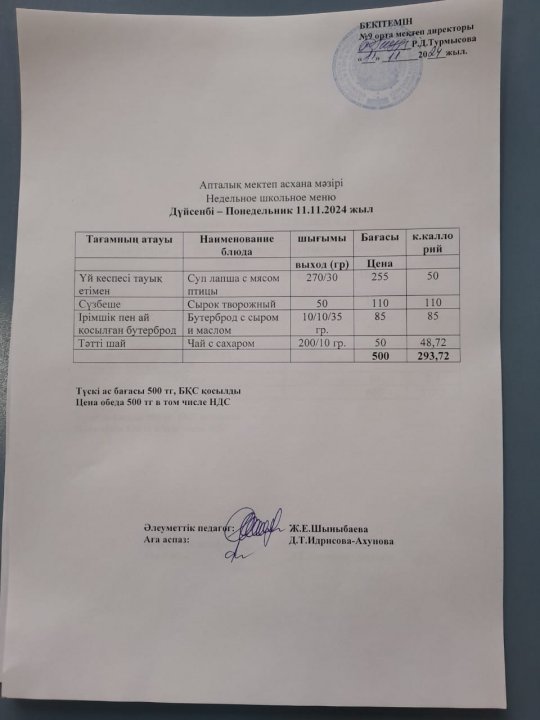 Меню по питанию