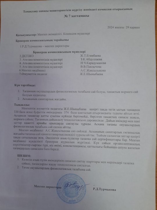 Тамақтану сапасы мониторингісін жүргізу комиссия отырысының №7 хаттамасы