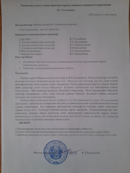 Тамақтану сапасы мониторингісін жүргізу жөніндегі комиссия ртырысының №7 хаттамасы
