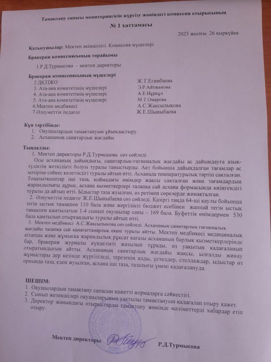 Тамақтану сапасы мониторингісін жүргізу жөніндегі комиссия отырысының №1 хаттамасы