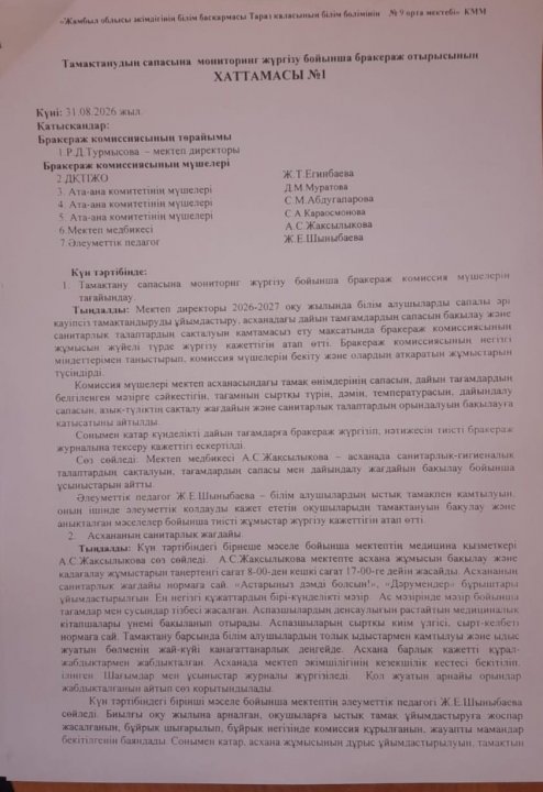 Тамақтанудың сапасына  мониторинг жүргізу бойынша бракераж отырысының  ХАТТАМАСЫ №1